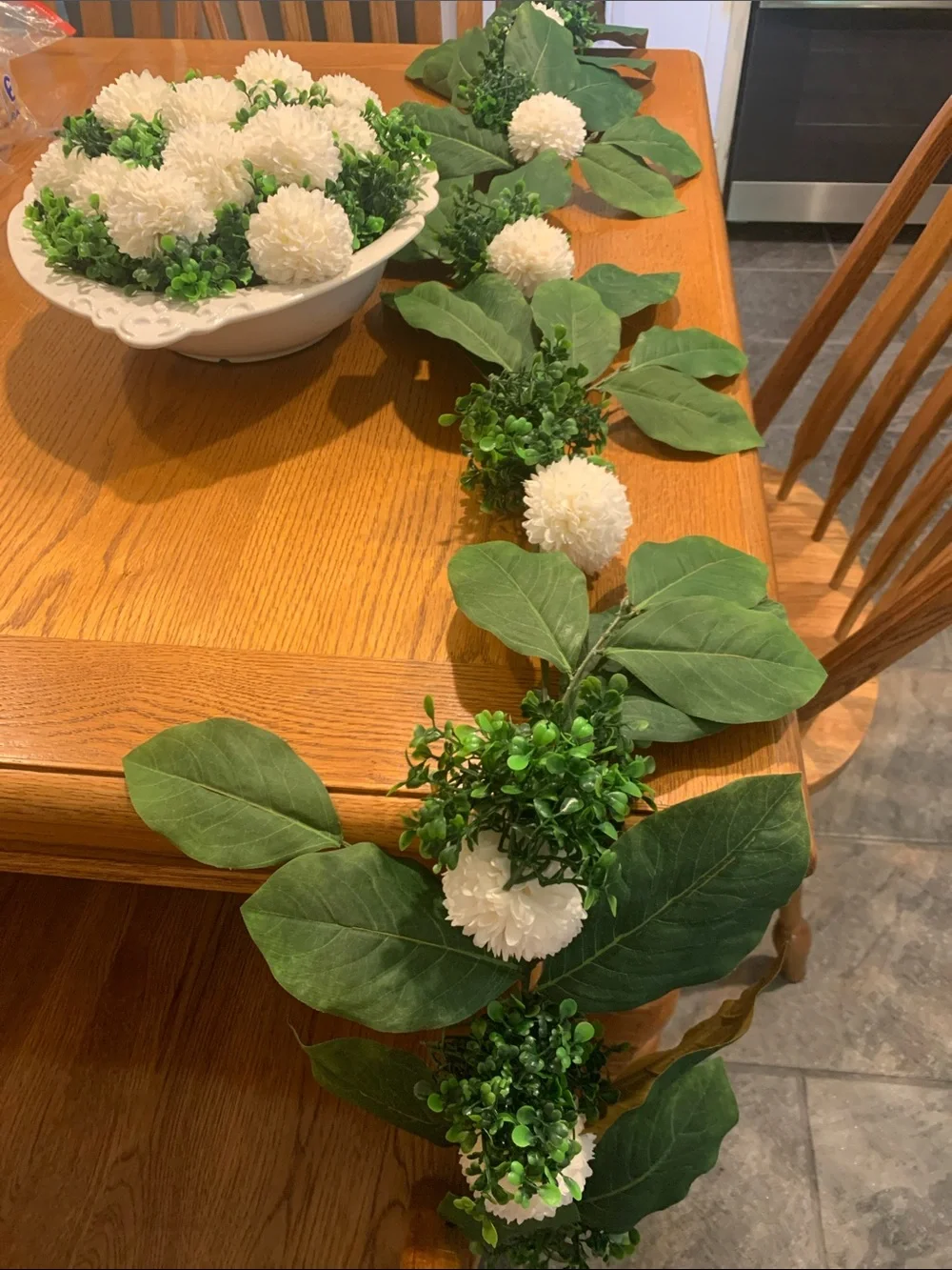 D,s.  Design   New White Faux Floral Garland and arrangement  with  green Leaves